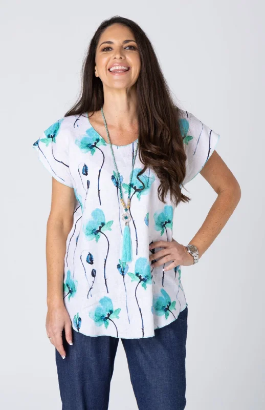 Weekend Specials to Snag Stems Print Short Sleeve 100% Linen Top