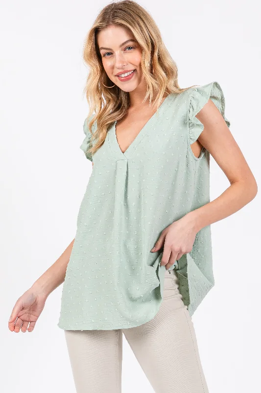 Weekend Offers That Shine Mint Swiss Dot Flutter Sleeve V-Neck Top