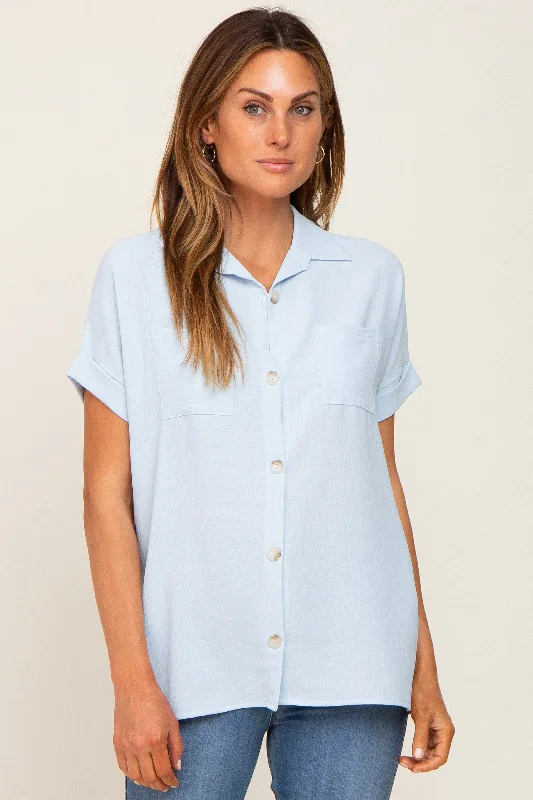 Weekend Discounts to Delight Light Blue Collared Button-Down Short Sleeve Blouse