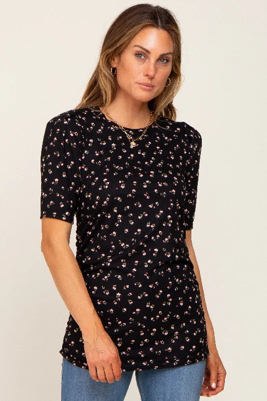 Weekend Specials to Delight Black Floral Side Ruched Short Sleeve Top