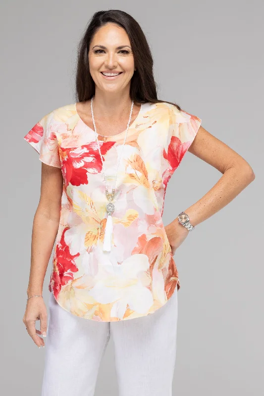 Weekend Offers That Tempt Hibiscuss Print Short Sleeve Non-Crush Cotton Top
