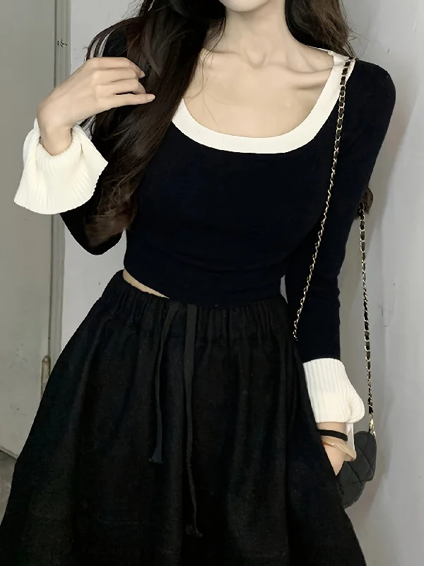 Weekend Deals to Brighten Your Day Sixsr Color Block Scoop Neck Knitted Top, Casual Tied Long Sleeve Crop Pullover Sweater, Women's Clothing Weekend Deals to Brighten Your Day Sixsr Color Block Scoop Neck Knitted Top, Casual Tied Long Sleeve Crop Pullover Sweater, Women's Clothing