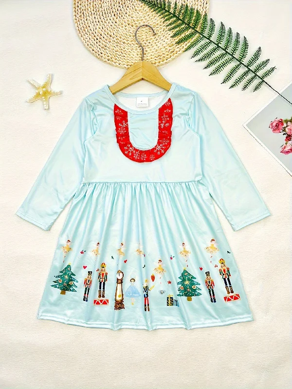 Today Only Girls' Long Sleeve Graphic Ruffle Trim Dress - Warm Angle Design, Perfect for Christmas Gift