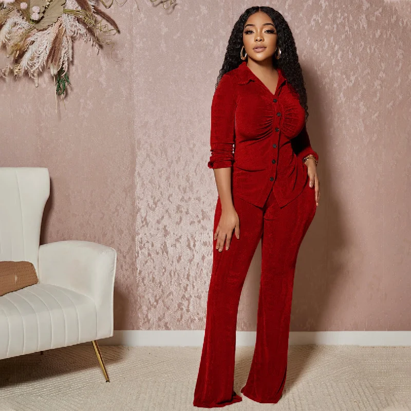 Weekend-Only Price Drops SIXSR T8672  2025 women's fashion velvet lapel collar long-sleeved button-up shirt slim-fit micro-horn trousers set