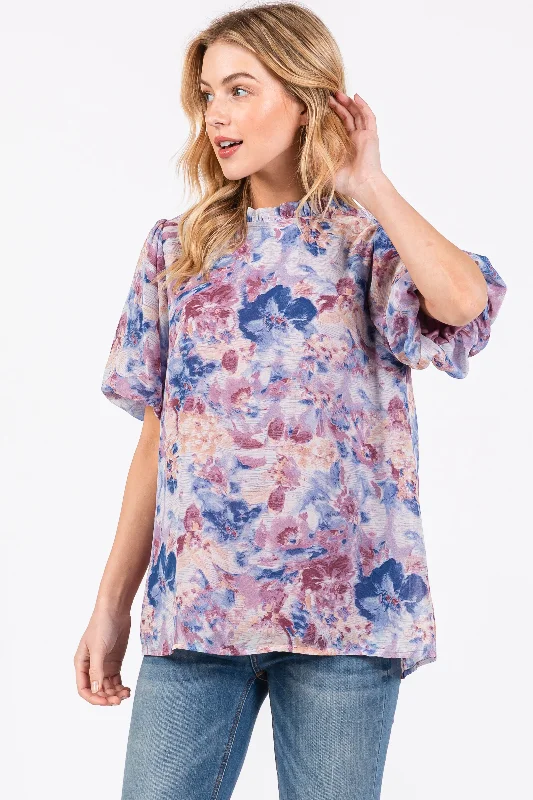 Weekend Shopping Made Better Blue Floral Puff Sleeve Blouse