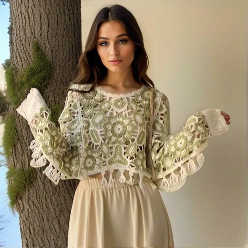 Mega Discount Sixsr Floral Hollow Out Tassel Shawl Elegant Long-sleeved Pullover Shawl Casual Daily Travel Versatile Coat Mega Discount Sixsr Floral Hollow Out Tassel Shawl Elegant Long-sleeved Pullover Shawl Casual Daily Travel Versatile Coat