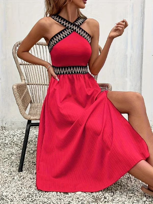 Special Price Sixsr Contrast Trim Cross Front Tank Dress, Casual Cinched Waist Long Sleeveless Dress, Women's Clothing Special Price Sixsr Contrast Trim Cross Front Tank Dress, Casual Cinched Waist Long Sleeveless Dress, Women's Clothing