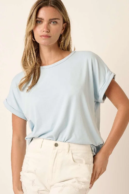 Savings Soar This Weekend Light Blue Rolled Cuff Short Sleeve Top