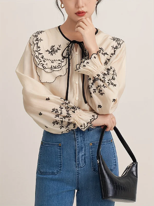 Weekend Discounts to Love Sixsr Floral Embroidered Button Up Doll Collar Blouse, Long Sleeve Tie Neck Elegant Blouse, Women's Clothing Weekend Discounts to Love Sixsr Floral Embroidered Button Up Doll Collar Blouse, Long Sleeve Tie Neck Elegant Blouse, Women's Clothing