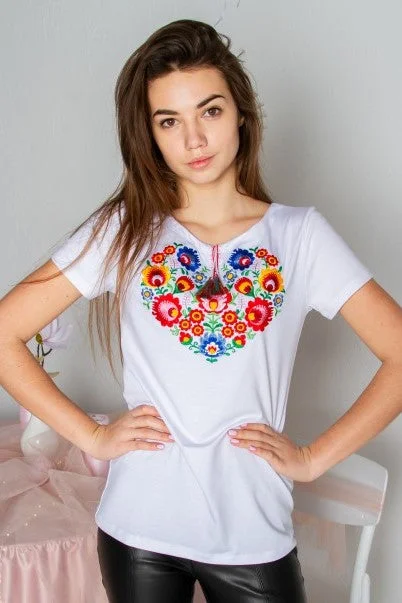 Shop and Save Women's short sleeve white shirt with floral embroidery "Kvity"