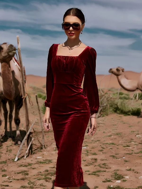 Flash Sale Sixsr Solid Velvet Lantern Sleeve Dress, Elegant Square Neck Back Vent Dress For Spring & Fall, Women's Clothing Flash Sale Sixsr Solid Velvet Lantern Sleeve Dress, Elegant Square Neck Back Vent Dress For Spring & Fall, Women's Clothing