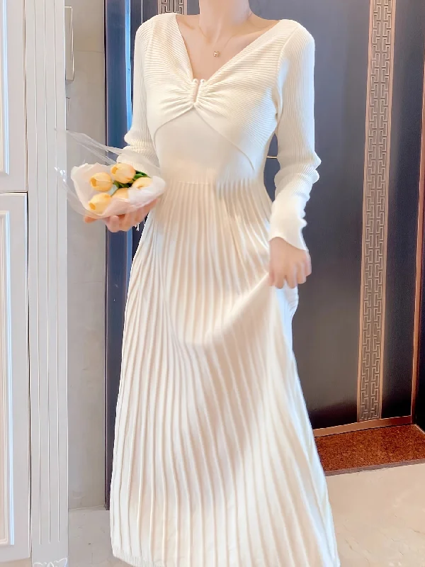 Hurry In Sixsr Keyhole Ruched V Neck Knit Dress, Chic Long Sleeve Pleated Dress, Women's Clothing Hurry In Sixsr Keyhole Ruched V Neck Knit Dress, Chic Long Sleeve Pleated Dress, Women's Clothing
