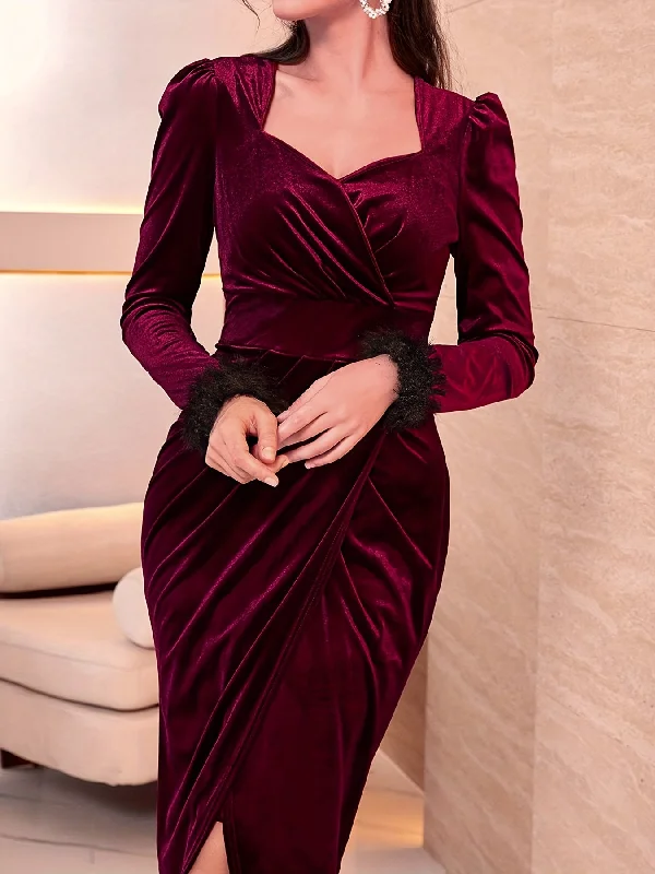 Deep Savings Sixsr Solid Color Split Wrap Dress, Elegant Long Sleeve Dress For Party & Banquet, Women's Clothing Deep Savings Sixsr Solid Color Split Wrap Dress, Elegant Long Sleeve Dress For Party & Banquet, Women's Clothing