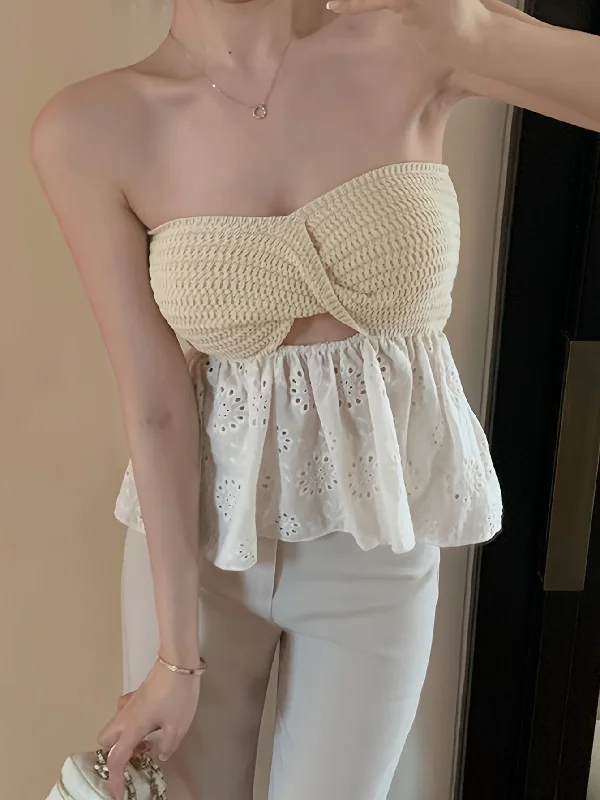 Weekend Offers That Tempt Sixsr Colorblock Eyelet Embroidered Hem Tube Top, Vacation Twist Front Sleeveless Beach Top, Women's Clothing