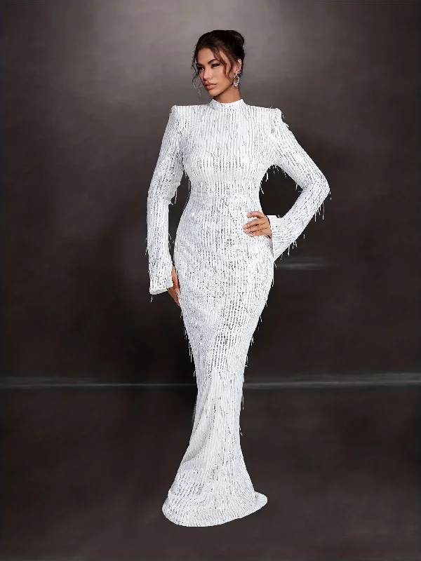 Quick Deals Sixsr Contrast Sequin Bodycon Maxi Dress, Elegant Long Sleeve Mock Neck Evening Party Dress, Women's Clothing Quick Deals Sixsr Contrast Sequin Bodycon Maxi Dress, Elegant Long Sleeve Mock Neck Evening Party Dress, Women's Clothing