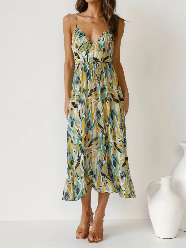 Sale Event Sixsr Floral Print Lettuce Trim Cami Dress, Sleeveless V-neck Waist Summer Dresses, Women's Clothing Sale Event Sixsr Floral Print Lettuce Trim Cami Dress, Sleeveless V-neck Waist Summer Dresses, Women's Clothing