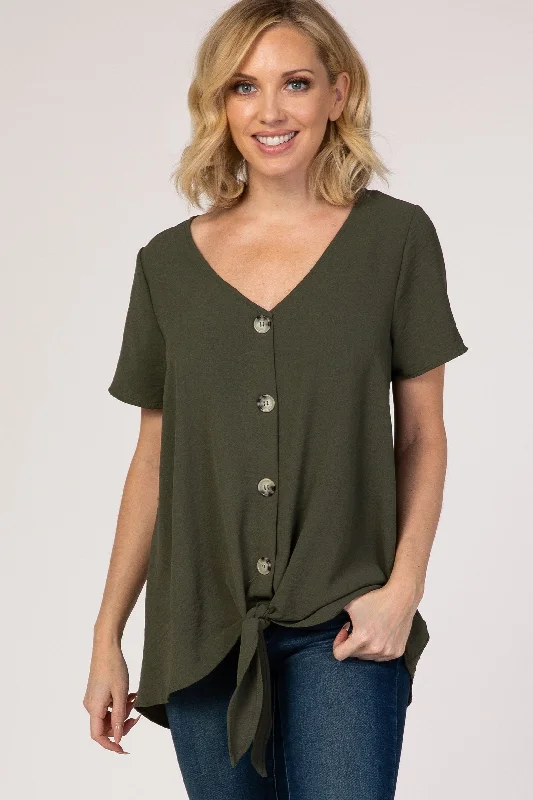 Weekend Discounts to Savor Light Olive Button Tie Front Top