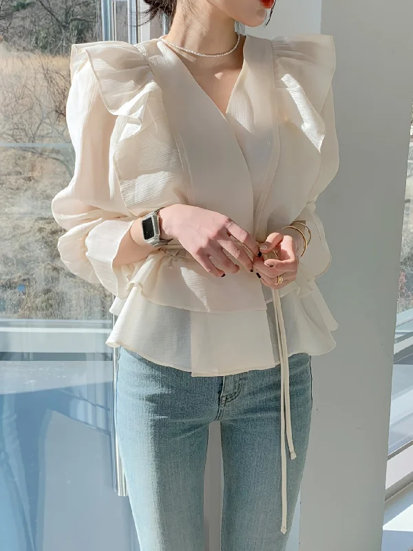 Weekend Offers That Sizzle Sixsr Ruffle Trim V Neck Tiered Blouse, Chic Lantern Sleeve Tied Blouse For Spring & Fall, Women's Clothing Weekend Offers That Sizzle Sixsr Ruffle Trim V Neck Tiered Blouse, Chic Lantern Sleeve Tied Blouse For Spring & Fall, Women's Clothing
