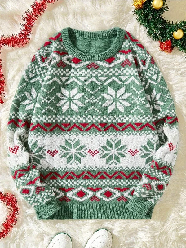 Great Deal 1pc JWDX220 Women's Casual Christmas Sweater - Viscose Knit Long Sleeve Pullover with Snowflake Pattern, Round Neck, Color Block Detail for Autumn/Winter Season