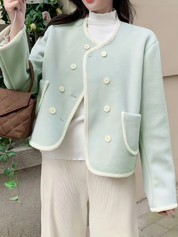 Big Savings Sixsr Fuzzy Trim Crew Neck Jacket, Elegant Double Breasted Long Sleeve Outerwear, Women's Clothing Big Savings Sixsr Fuzzy Trim Crew Neck Jacket, Elegant Double Breasted Long Sleeve Outerwear, Women's Clothing