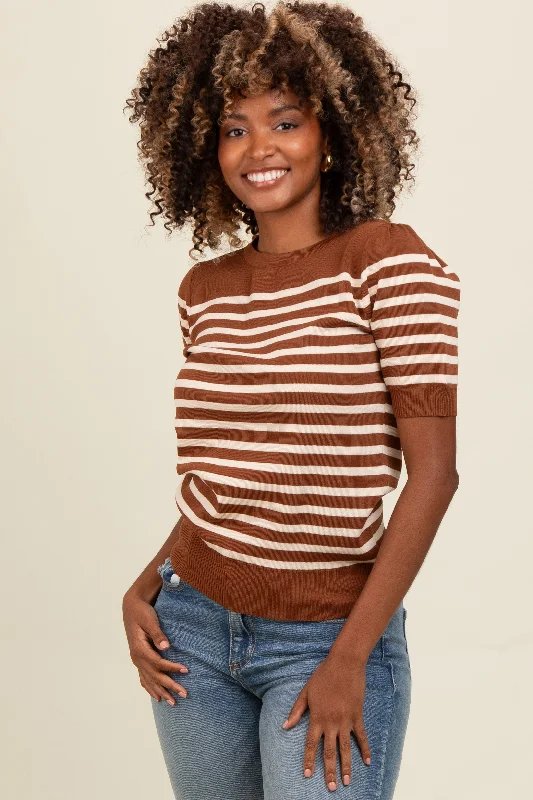 Low Cost Mocha Striped Short Sleeve Knit Top
