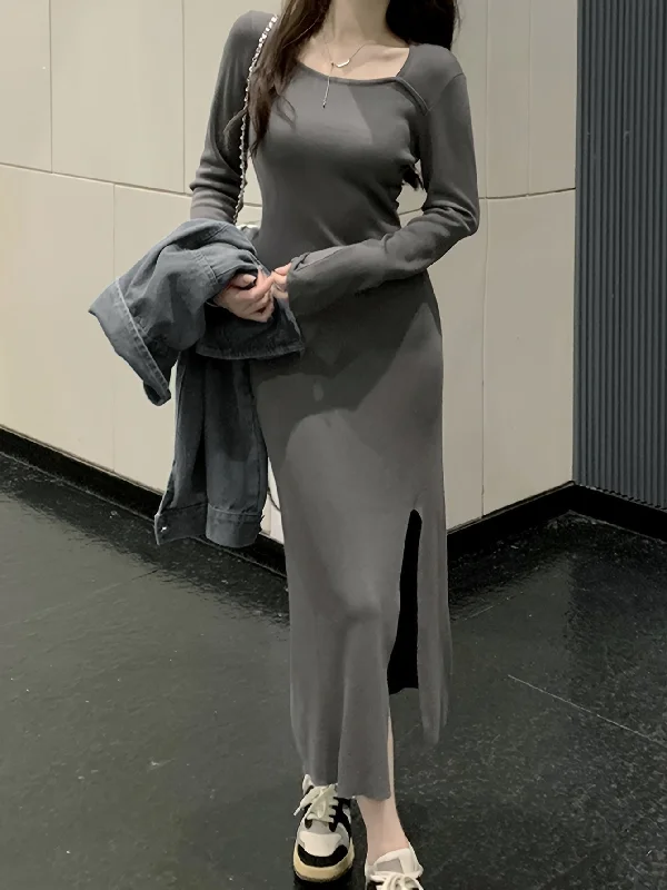 Year-End Deals Sixsr Solid Square Neck Split Dress, Elegant Long Sleeve Slim Dress For Spring & Fall, Women's Clothing Year-End Deals Sixsr Solid Square Neck Split Dress, Elegant Long Sleeve Slim Dress For Spring & Fall, Women's Clothing