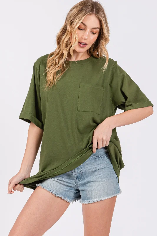 Weekend Savings Extravaganza Light Olive Pocket Front Short Sleeve Top