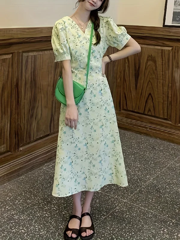 Weekend Specials to Grab Sixsr Ditsy Print Puff Sleeve Dress, Casual Surplice Neck Short Sleeve Dress, Women's Clothing Weekend Specials to Grab Sixsr Ditsy Print Puff Sleeve Dress, Casual Surplice Neck Short Sleeve Dress, Women's Clothing