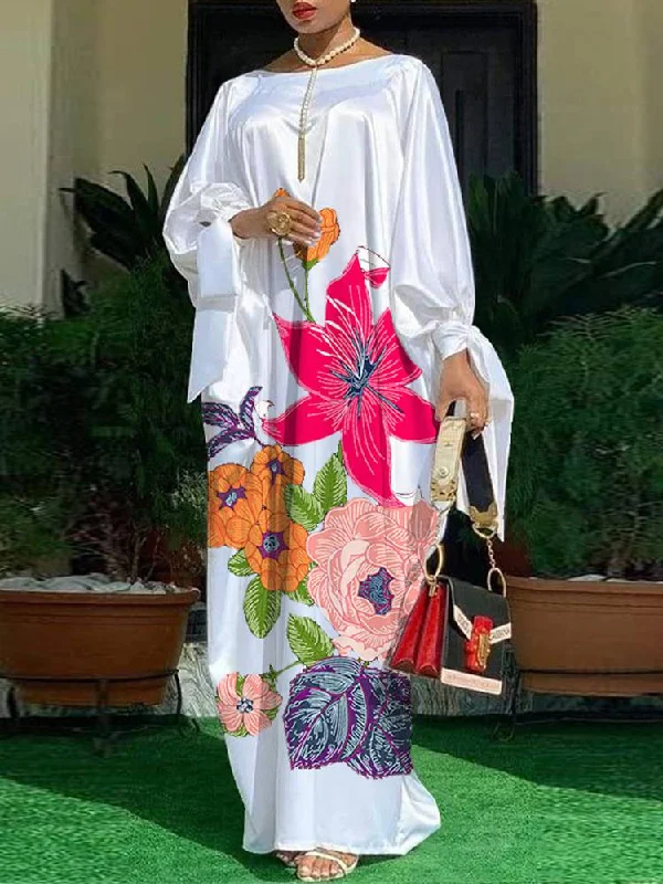 Exclusive Weekend Offers Inside Women sixsr Summer Party Dress Vintage Floral Printed Casual Loose Bohemian Beach Sundress Long Sleeve Satin Maxi Vestidos