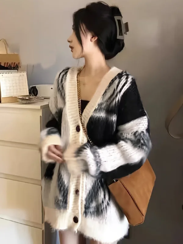 Crazy Deal Sixsr Graphic Pattern Button Down Knit Cardigan, Casual Long Sleeve Loose Cozy Sweater For Fall & Winter, Women's Clothing