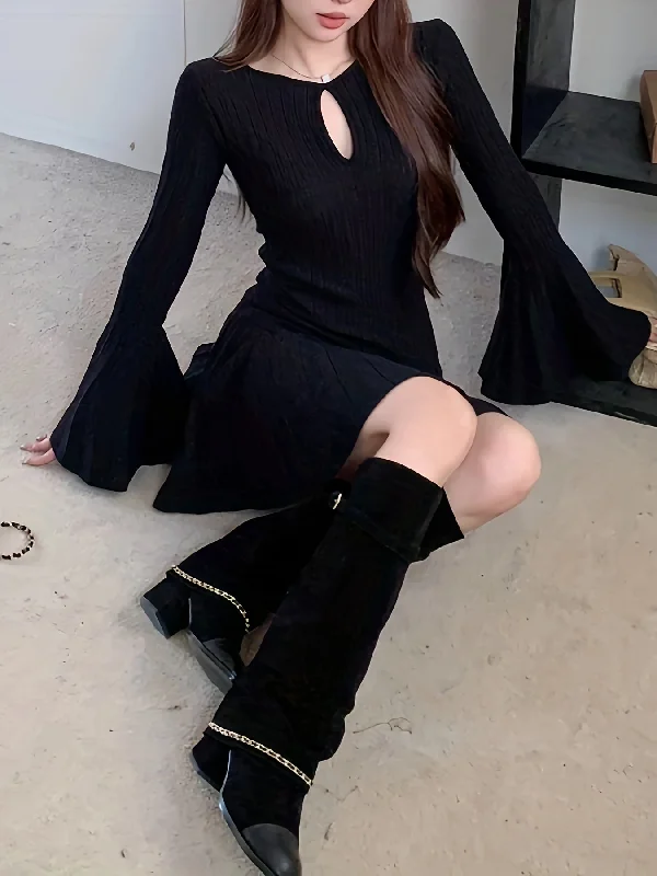 Massive Savings Sixsr Solid Cut Out Pleated Dress, Elegant Flare Sleeve Crew Neck Dress For Spring & Fall, Women's Clothing Massive Savings Sixsr Solid Cut Out Pleated Dress, Elegant Flare Sleeve Crew Neck Dress For Spring & Fall, Women's Clothing