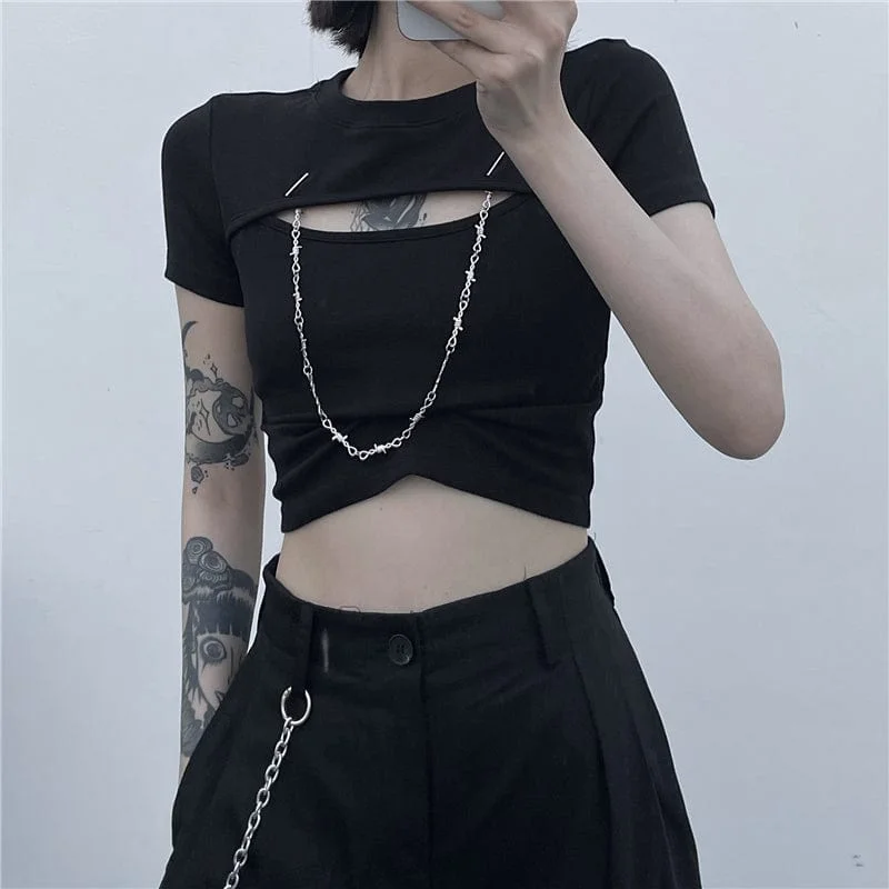Now Available Women's Grunge Cutout Slim Fitted Black Short Sleeved Tee with Chain
