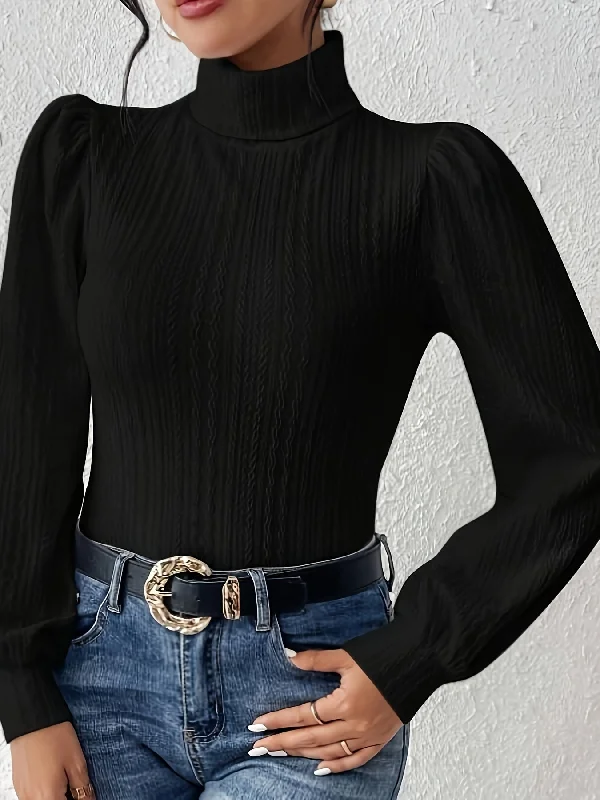 Weekend Savings Bonanza Sixsr Solid Color Mock Neck T-Shirt, Casual Lantern Sleeve Textured Top For Spring & Fall, Women's Clothing Weekend Savings Bonanza Sixsr Solid Color Mock Neck T-Shirt, Casual Lantern Sleeve Textured Top For Spring & Fall, Women's Clothing