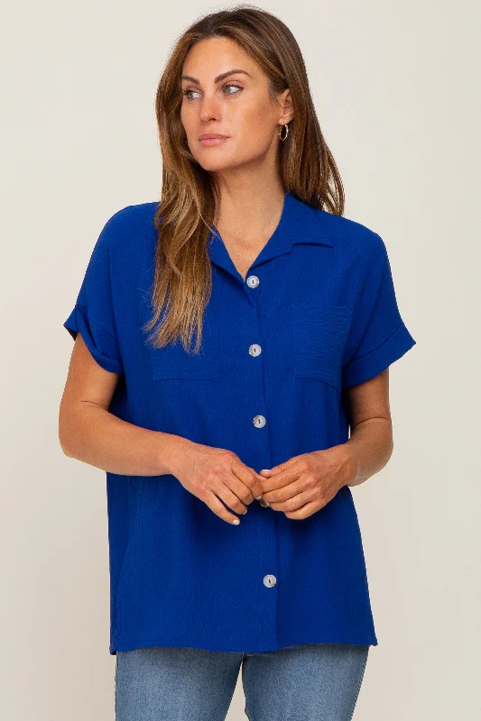 Weekend Specials to Cherish Royal Blue Collared Button-Down Short Sleeve Blouse