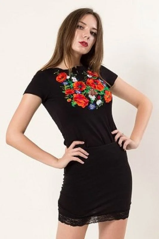 Reduced Price Women's short sleeve shirt with real embroidery "Blossomy". Black