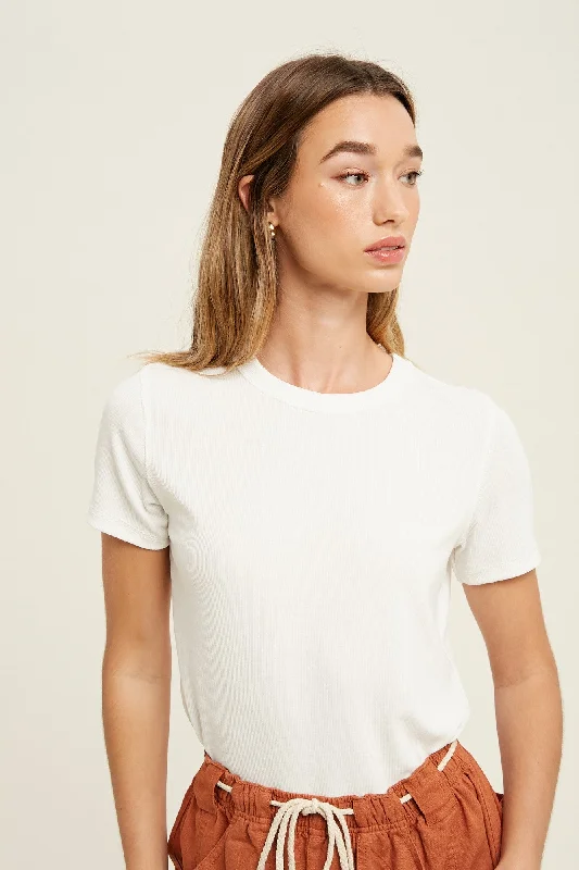 Crazy Savings White Ribbed Short Sleeve Curved Hem Top