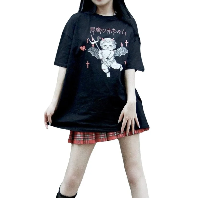 Instant Savings Women's Grunge Little Devil Printed Casual Black Tee