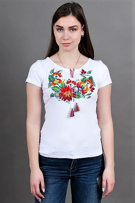 Savings Galore Women's short sleeve shirt with real embroidery "Petrykivka". White