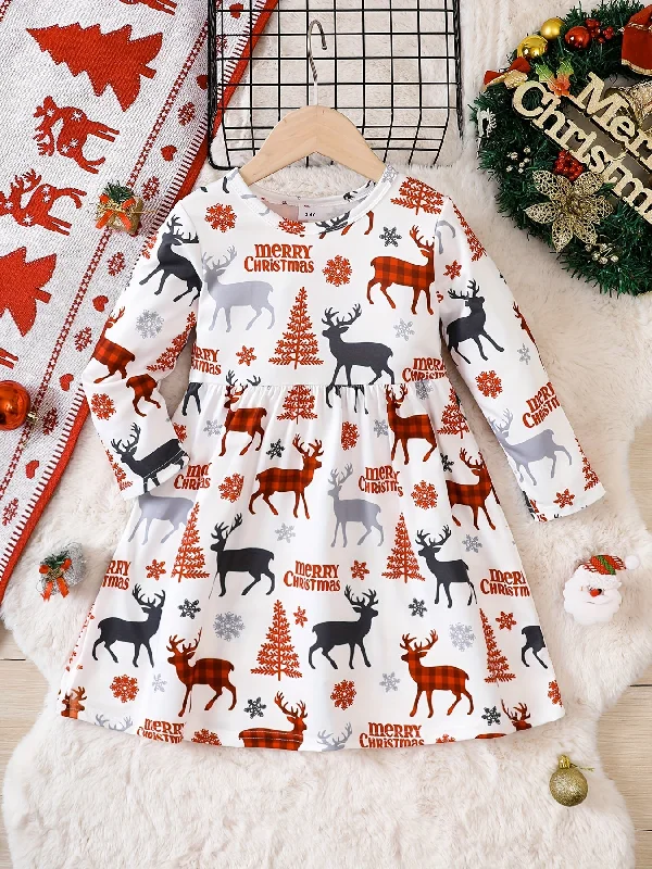 Buy Today Adorable Reindeer Graphic Crew Neck Long Sleeve Dress for Kids - Soft, Comfortable, and Stylish Fall Christmas Outfit for Girls - Perfect for Holiday Parties and Casual Wear