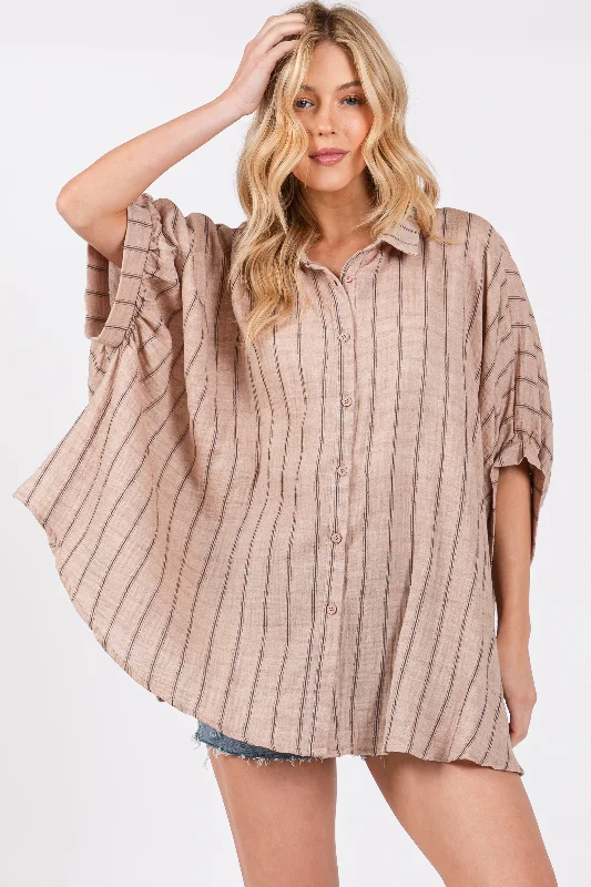 Lowest Rates Mocha Striped Collared Oversized Top