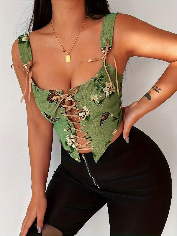 Weekend Savings Galore Sixsr Butterfly & Flower Print Corset Top, Lace Up Sleeveless Tied Top, Women's Clothing