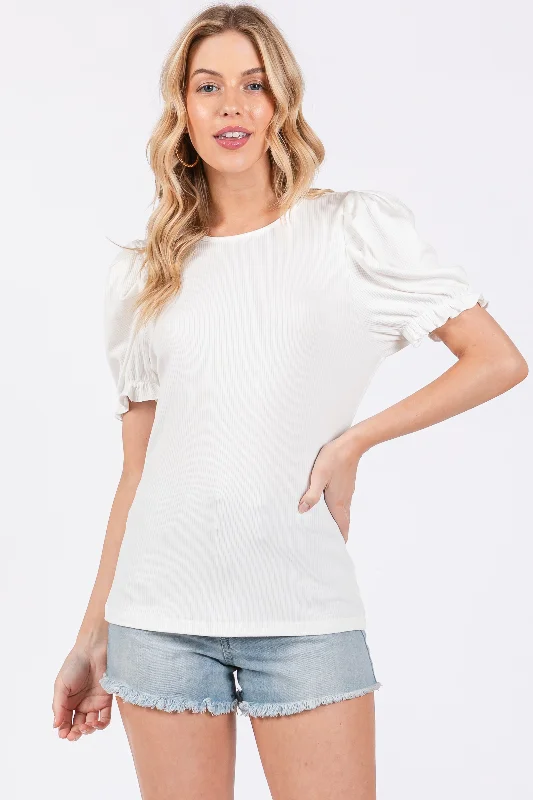 Quick Deals White Ribbed Puff Sleeve Top