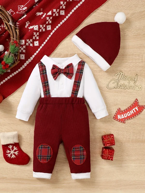 Now or Never 2pcs Infant Boys' Christmas Outfit Set – Long Sleeve Comfy Cotton Onesie + Plaid Suspender Pants + Christmas Hat, Cute Set For Fall/Winter