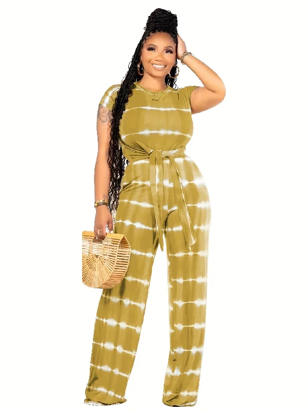 Weekend Savings Spectacular two-piece Tie Dye Casual Set for Women - Short Sleeve Lace Up T-shirt and Straight Leg Pants Outfit for Comfortable and Stylish Look