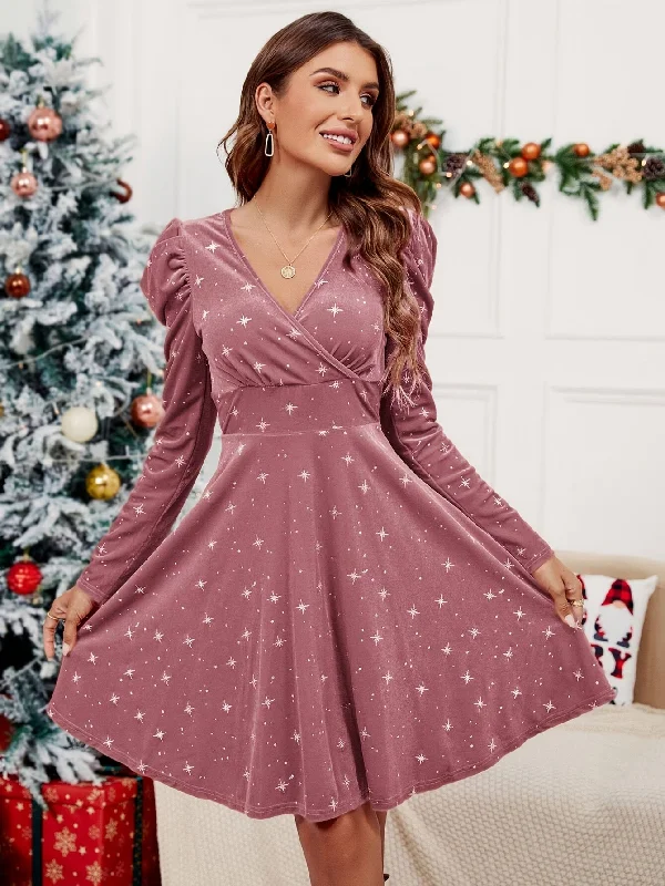 Take Advantage Elegant V-Neck Christmas Star Pattern Dress for Women, Polyester Knit Fabric, Long Puff Sleeve Cross Detail A-Line Skater Dress for Fall/Winter