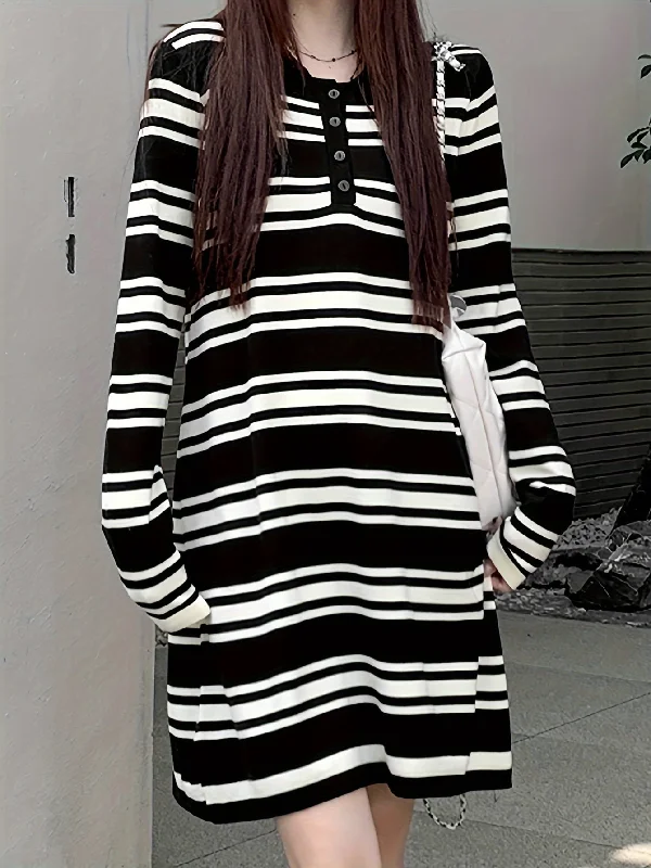 Can't Beat Sixsr Stripe Print Button Collared Dress, Casual Long Sleeve Loose Knit Dress, Women's Clothing Can't Beat Sixsr Stripe Print Button Collared Dress, Casual Long Sleeve Loose Knit Dress, Women's Clothing