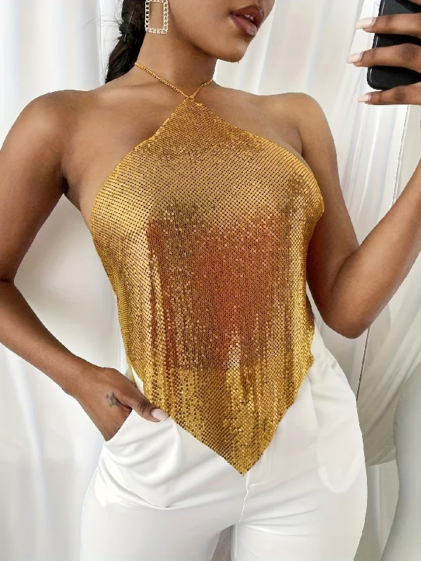 One-Day Only Sixsr Sequin Chain Halter Top, Casual Summer Sleeveless Top, Women's Clothing One-Day Only Sixsr Sequin Chain Halter Top, Casual Summer Sleeveless Top, Women's Clothing