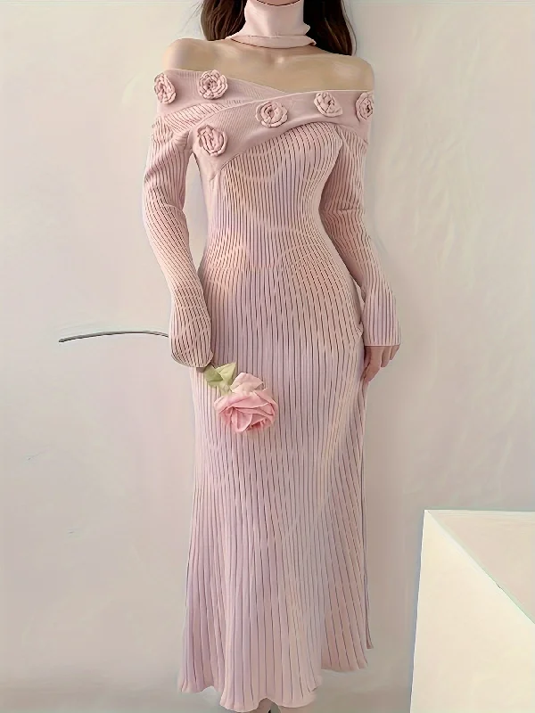 Sale Alert Sixsr Ribbed Floral Decor Dress, Elegant Long Sleeve Bodycon Midi Dress, Women's Clothing Sale Alert Sixsr Ribbed Floral Decor Dress, Elegant Long Sleeve Bodycon Midi Dress, Women's Clothing