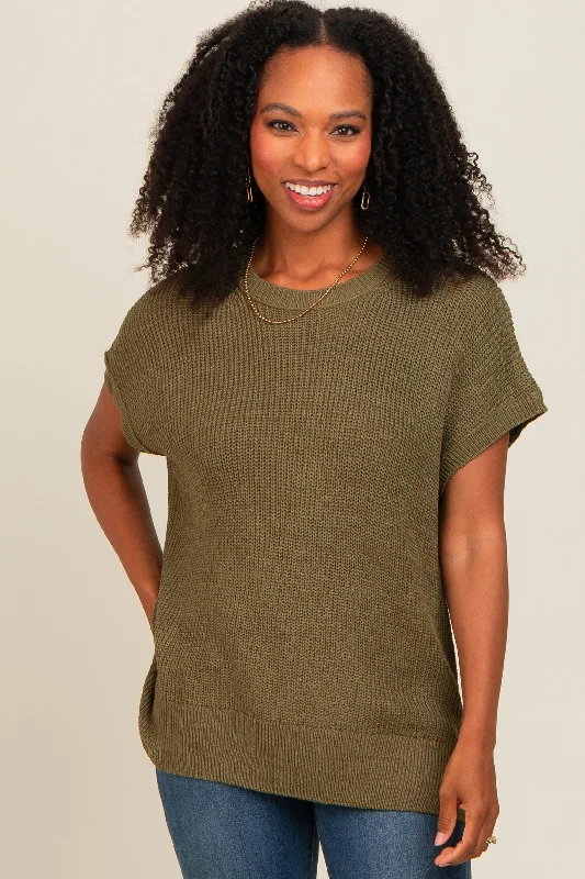 Weekend Discounts to Relish Light Olive Dolman Short Sleeve Side Slit Sweater Top