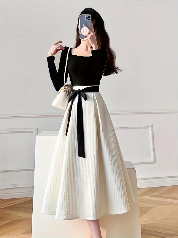 Flash Deal Sixsr Color Block A-line Dress, Chic Long Sleeve Tied Waist Dress, Women's Clothing Flash Deal Sixsr Color Block A-line Dress, Chic Long Sleeve Tied Waist Dress, Women's Clothing